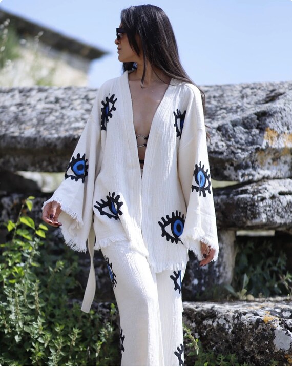 Handgefertigter Böser-Blick-Kimono Aus Bio-Baumwolle – Festival- & Strand-Cover-up, Bademantel, Boho-Look