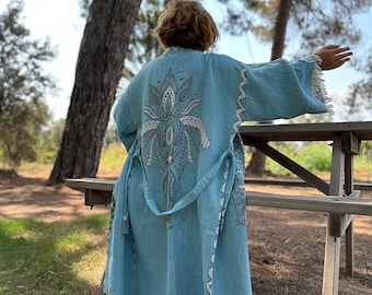 Handmade Elephant Print Organic Muslin Unique Kimono, Elephant Print Kimono for Christmas Gift, Bridesmaid Robe, Women Wear Cotton Bathrobe