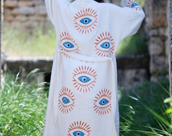 Handmade Evil Eye Muslin Kimono, Ethnic Kaftan, Dressing Gown, Organic Cotton Bathrobe, Yoga Robe, Muslin Boho Cardigan, Summer Lounge Wear