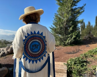 Handmade Organic Cotton Evil Eye Kimono Robe - Boho Blue Charm, Mother's Day Gift, Blue Charm Kimono