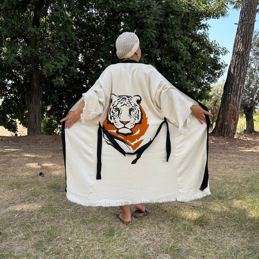Tiger Robe Vs Handmade Organic Cotton Tiger Face Kimono Robe - Boho Festival - Etsy