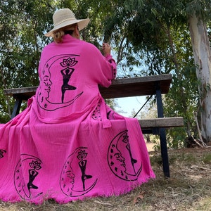 Organic Cotton Pink Kimono Robe: Handmade Moon Yoga Festival Cover-Up