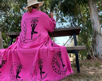 Organic Cotton Pink Kimono Robe, Gift for Woman, Handmade Moon Yoga Festival Cover-Up, Mother's Day Gift