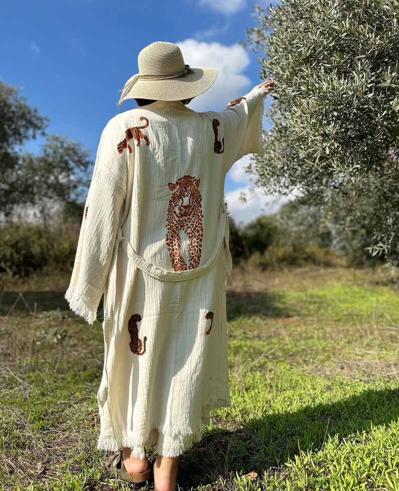 Straw Robe Handmade Organic Cotton Leopard Print Kimono Robe - Boho Caftan - Etsy