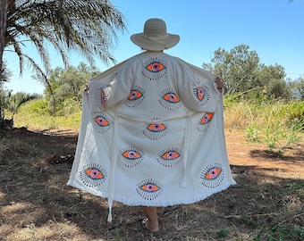 Organic Cotton Boho Robe, Mother’s Day kimono gift, Evil Eye Summer Wrap, Bridesmaids Kimono, Bridal shower Party Robe, Evil Eye Cotton Robe