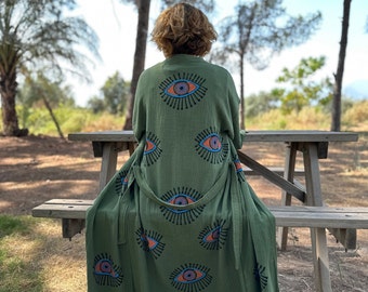 Organic Muslin Kimono Robe, Evil Eye Turkish Cotton Kimono, Linen Fringes Kimono, Turkish Cotton Summer Robe, Boho Natural Dressing Gown
