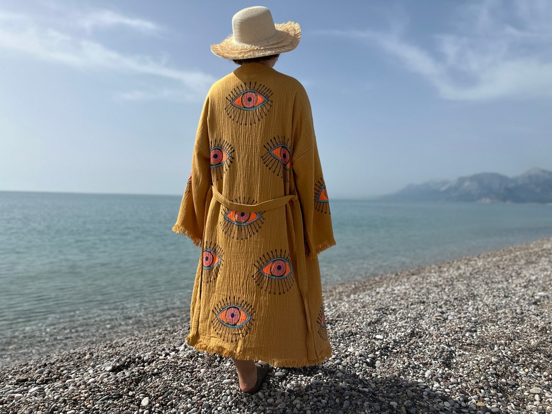 Mustard Yellow Robe Handmade Organic Cotton Evil Eye Kimono Robe - Mustard Yellow Bohemian ...