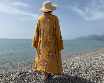 Handmade Organic Cotton Evil Eye Kimono Robe - Mustard Yellow Bohemian Beach Cover Up, Gift for woman, Mother's Day Gift