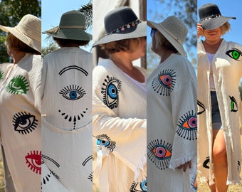 Handmade Turkish Organic Cotton Evil Eye Kimono, Muslin Boho Bathrobe, Beach Lounge Outfit, Handmade Evil Eye Gift for Women, festival robe