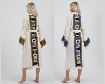 Handmade Organic Muslin Camel Kimono Robe: Embroidered Cotton Bathrobe, Gift for Woman, Mother's Day Gift