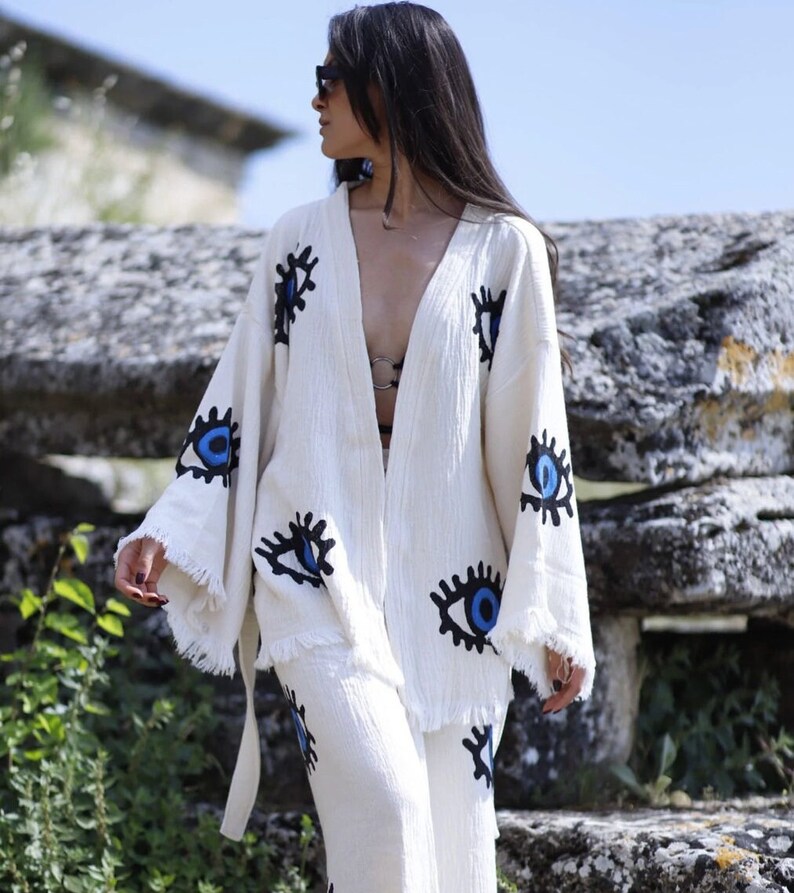 Oversized Muslin Robe, Turkish Cotton Gauze Kimono, Handprinted Eye ...