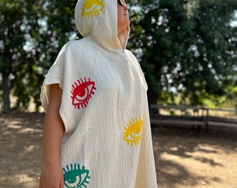 Mother's Day Gift, Organic Cotton Evil Eye Hooded Poncho: Boho Festival Kimono, Christmas Gift for Women