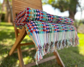 Hand Woven Turkish Bath Towel: Colorful Pom Pom Organic Cotton, Valentine's Day gift for woman