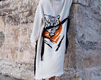 Organic Turkish Cotton Kimono Robe, Handprinted Evil Eye Design, Gift for mom, Christmas present, Mother’s Day kimono gift