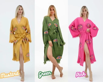 Gift for Woman, Organic Muslin Kimono Robe, Handmade Muslin Evil Eye Robe, Evil Eye Boho Festival Pink Kimono, Organic Cotton Robe