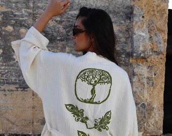 Valentine's Day gift for Woman, Handmade Organic Cotton Kimono Set: Evil Eye, Tree of Life Print