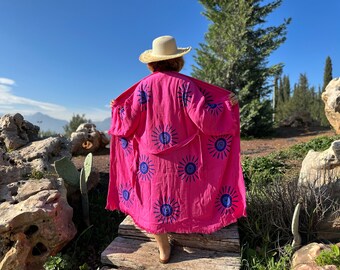 Organic Cotton Handmade Turkish Pink Evil Eye Kimono, Boho Festival Cover Up, Bridal Gift Idea, Beach Festival Cover Up, Boho festival robe