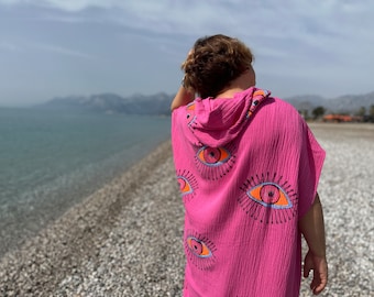 Evil Eye Boho Pink Festival Pancho Kimono, Pancho da spiaggia rosa, Spa Pancho Robe, Accappatoio Barbie Pink Evil Eye, Unico Pancho rosa Evil Eye