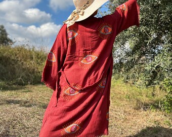 Handmade Organic Muslin Kimono: Red Evil Eye Boho Beach Cover-Up