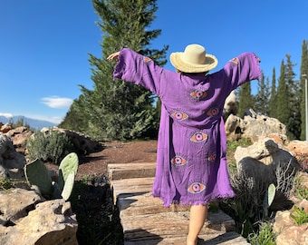 Organic Turkish Cotton Robe, Hand-Printed Evil Eye Design, Bohemian Kimono, Mother gift, Birthday present, Evil Eye Cotton Robe