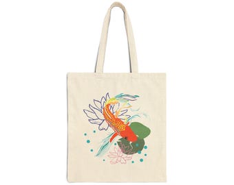 Rainbow Koi Fish with Pink and Purple Water Lilies Cotton Canvas Tote Bag