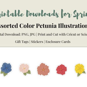 Könnte beinhalten: Digitaler Download mit Illustrationen von Petunien in verschiedenen Farben. Das Bild zeigt fünf Petunien-Aufkleber in Blau, Rosa, Rost, Rot und Gelb mit grünen Blättern. Der Text lautet "Printable Downloads for Spring" und "Assorted Color Petunia Illustrations."