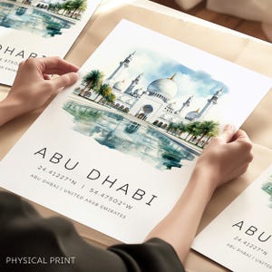 Pontos turísticos de Abu Dhabi, gravura da Grande Mesquita Sheikh Zayed de Abu Dhabi, gravura de viagem aos Emirados Árabes Unidos, presente para casa nova, gravura de arte do Oriente Médio, presente de Abu Dhabi