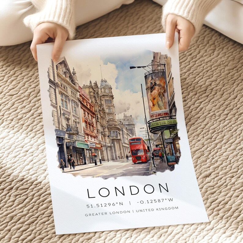 May include: A watercolor illustration of a street scene in London, England. The image features a red double-decker bus, brick buildings, and a sign for the "Royal Opera House". The text at the bottom reads "LONDON, 51.51296&deg;N | -0.12587&deg;W, GREATER LONDON | UNITED KINGDOM."