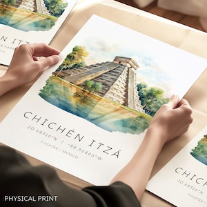 Mexiko Reise-Print von Chichen Itza, Reise-Kunstdrucke, Mexiko Geschenk, Südamerika, Chichen Itza Reisekarte Koordinaten
