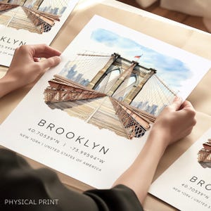 Arte mural del puente de Brooklyn, póster de viaje a Nueva York, impresiones de ciudades, impresiones de destinos vacacionales, impresión de viaje en acuarela, ilustración de ciudades