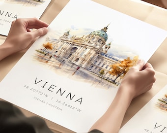 Vienna Travel Print, Travel Art, Austria City POster, Wedding Gift, Birthday Present, Destination Cards, European City Art, Austra Trip