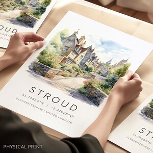 Lámina artística de los Cotswolds de Stroud, arte mural de Gloucestershire, pósteres de viajes de Inglaterra, ilustración de los Cotswolds, coordenadas del mapa de Stroud, regalo artístico