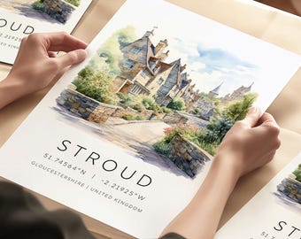 Stroud Cotswolds Art Print, Gloucestershire Wall Art, England Travel Posters, Cotswolds Illistration, Stroud Map Coordinates, Art Gift