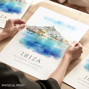 Impression de voyage Ibiza, Espagne, affiche Ibiza avec les coordonnées de la carte, cadeaux Ibiza, cadeaux voyage personnalisés, îles Baléares, cadeaux Ibiza