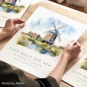 Norfolk Broads, Cley-next-the-Sea, The Broads, Mulino a vento di Cley, Stampe artistiche di città e paesi del Regno Unito, Illustrazioni di viaggio di Norfold