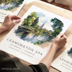 Leamington Spa Travel Print, Warwickshire, Engelse steden illustraties, reispictogrammen met kaartcoördinaten, Britse steden kunst aan de muur