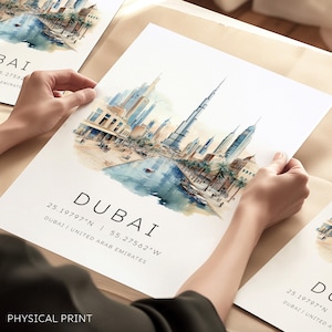Stampa di viaggio con destinazione Dubai, regalo di Dubai, coordinate della mappa di Dubai, poster di viaggio degli Emirati Arabi Uniti, Burj Khalifa, skyline di Dubai, arte murale di Dubai