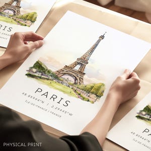 Impressão de viagem de Paris, coordenadas de mapa, cartão de viagem da Torre Eiffel, viagem a Paris, impressões de galeria de viagem de arte de parede em aquarela de Paris, presentes de viagem