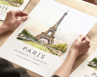 Paris Travel Print, Map Coordinates, Eiffel Tower Travel Card, Trip To Paris, Paris Watercolor Wall Art Travel Galley Prints, Travel Gifts