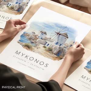 Mykonos, Griekenland Art Print, kunst aan de muur Mykonos, Griekenland illustraties, reisafdrukken, reisposter, Griekse eilanden reizen kunstmuur, huwelijkscadeau