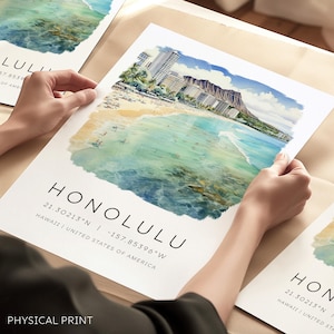 Impressões de viagem para Honolulu, Havaí, impressões de arte vintage retrô, ilustrações em aquarela, arte de parede de viagem, arte havaiana, impressões de destino