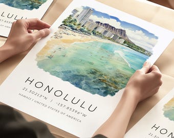 Impressões de viagem para Honolulu, Havaí, impressões de arte vintage retrô, ilustrações em aquarela, arte de parede de viagem, arte havaiana, impressões de destino