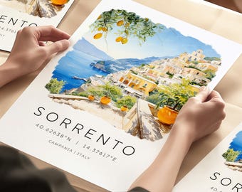 Sorrento Travel Print, Sorrento Illustration, Italy Travel Wall Prints, Italy Travel Print, Travel Decor, Italian Landscapes, Travel Gifts