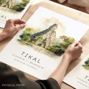 Impressão da Guatemala, Ilustração da Guatemala, Pôster de viagem de Tikal na Guatemala, Arte de viagem, Impressões de viagem da América do Sul, Coordenadas do mapa da Guatemala
