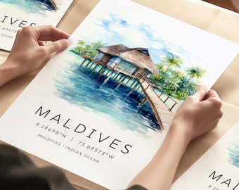 MalediwyPodróż wydruk, Malediwy Ilustracja, Malediwy Podróż Prezent, Malediwy Miesiąc Miodowy, Malediwy Mapa Współrzędne, Podróż Dekoracja
