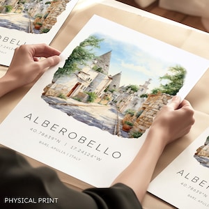 Alberobello Italië reisposter, reiskaarten bestemming, reisgalerij kunst aan de muur, unieke reiscadeaus, geïllustreerde bezienswaardigheden van Italië, Italië