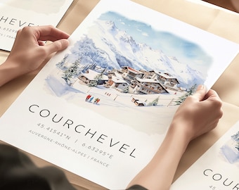 Courchevel Travel Print, Courchevel Ski Poster, Ski Travel Print, Les Trois Vallées, France Ski Print, Ski Wall Art, Gift for Skier