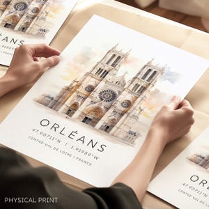 Kathedraal van Orléans Frankrijk reisposter, illustratie van Orléans, kaart van Orléans, Franse monumenten, Franse stadsreiskaart, prints Europese steden