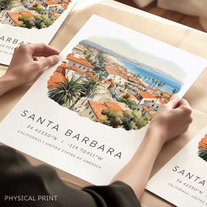 Impressão de arte retrô de Santa Bárbara, pôster de arte da Califórnia, cartão de aquarela da Califórnia, impressão de viagem personalizada de Santa Bárbara, presente de casamento