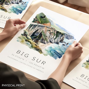 Big Sur-reisafdruk, reisbestemmingsposters, Californië-poster, reiskaarten, reiskaarten, aquarel reisafdrukken, reiscadeaus, locatieafdrukken